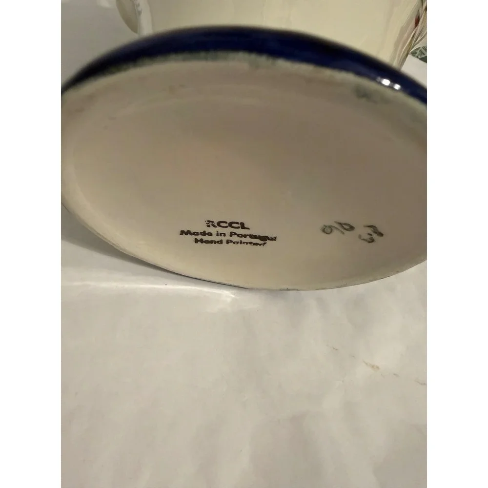 RCCL Portugal Hand Painted Ceramic Floral Basket Vase Twisted Handle Scalloped‎
